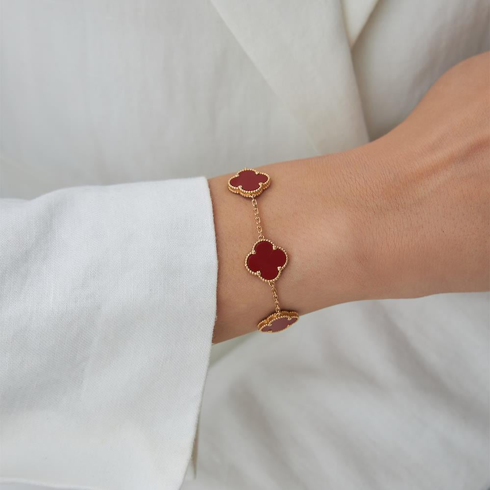 18 Ayar Altın Beşli Kırmızı Taşlı Rose Altın Yonca Bileklik - Image 1