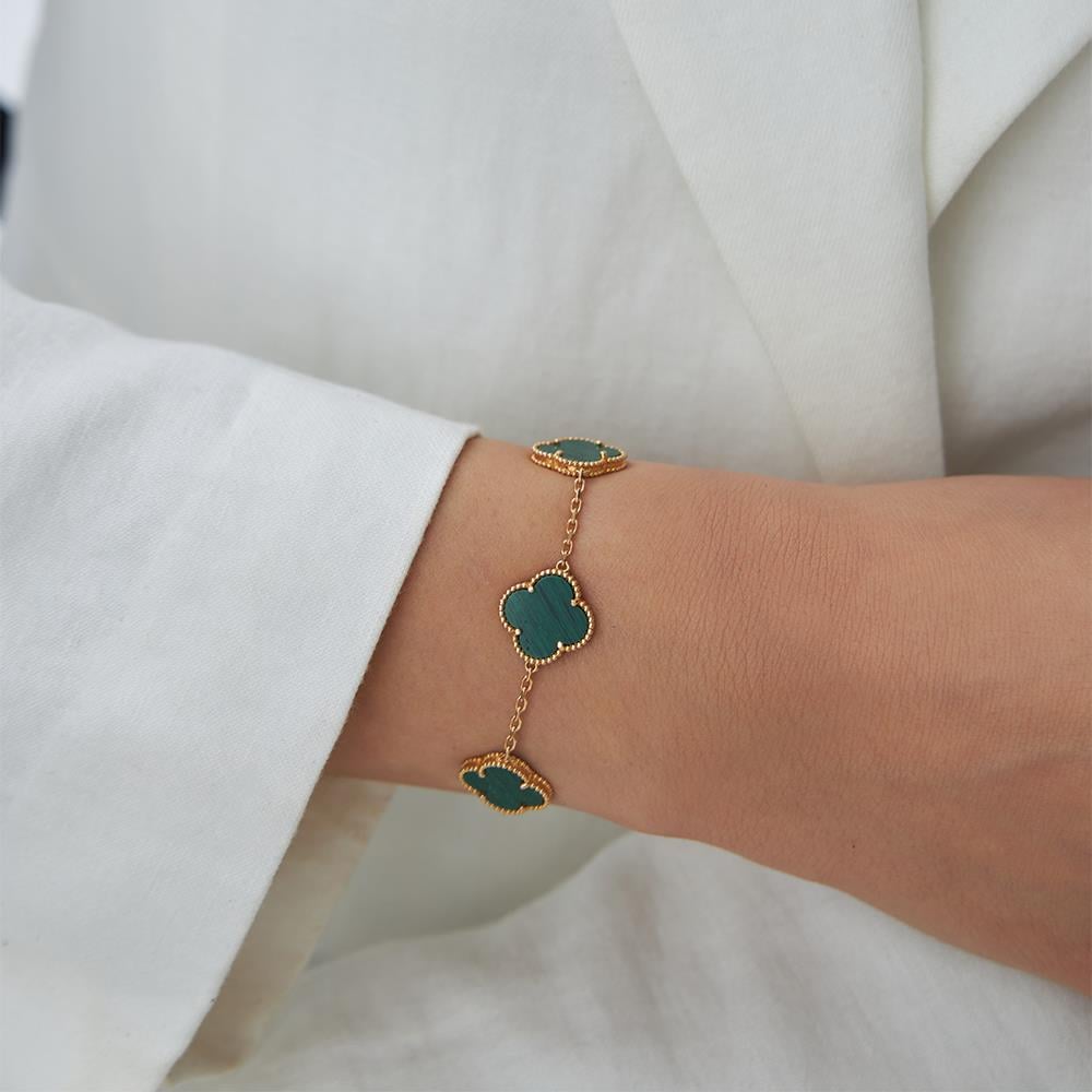 18 Ayar Altın Beşli Yeşil Malahit Taşlı Rose Altın Yonca Bileklik - Image 2