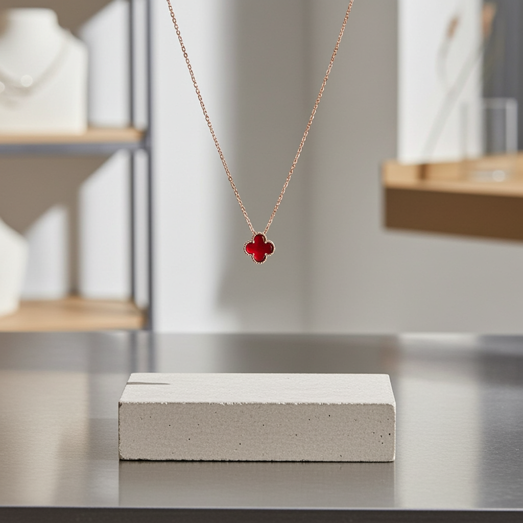 18 Ayar Altın Bordo Taşlı Yonca Kolye - Image 5