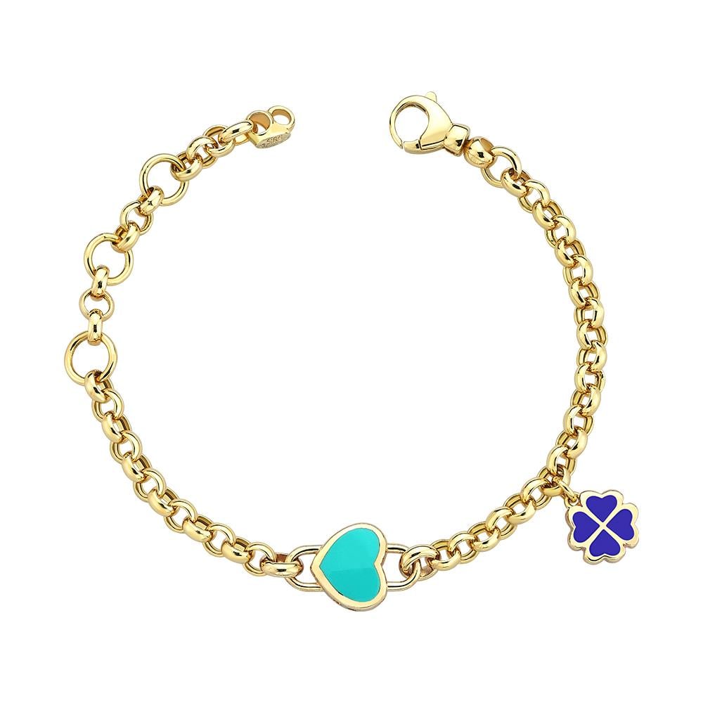 Mavi Mineli Kalp Charm Clover Çocuk Altın Bileklik - Image 1