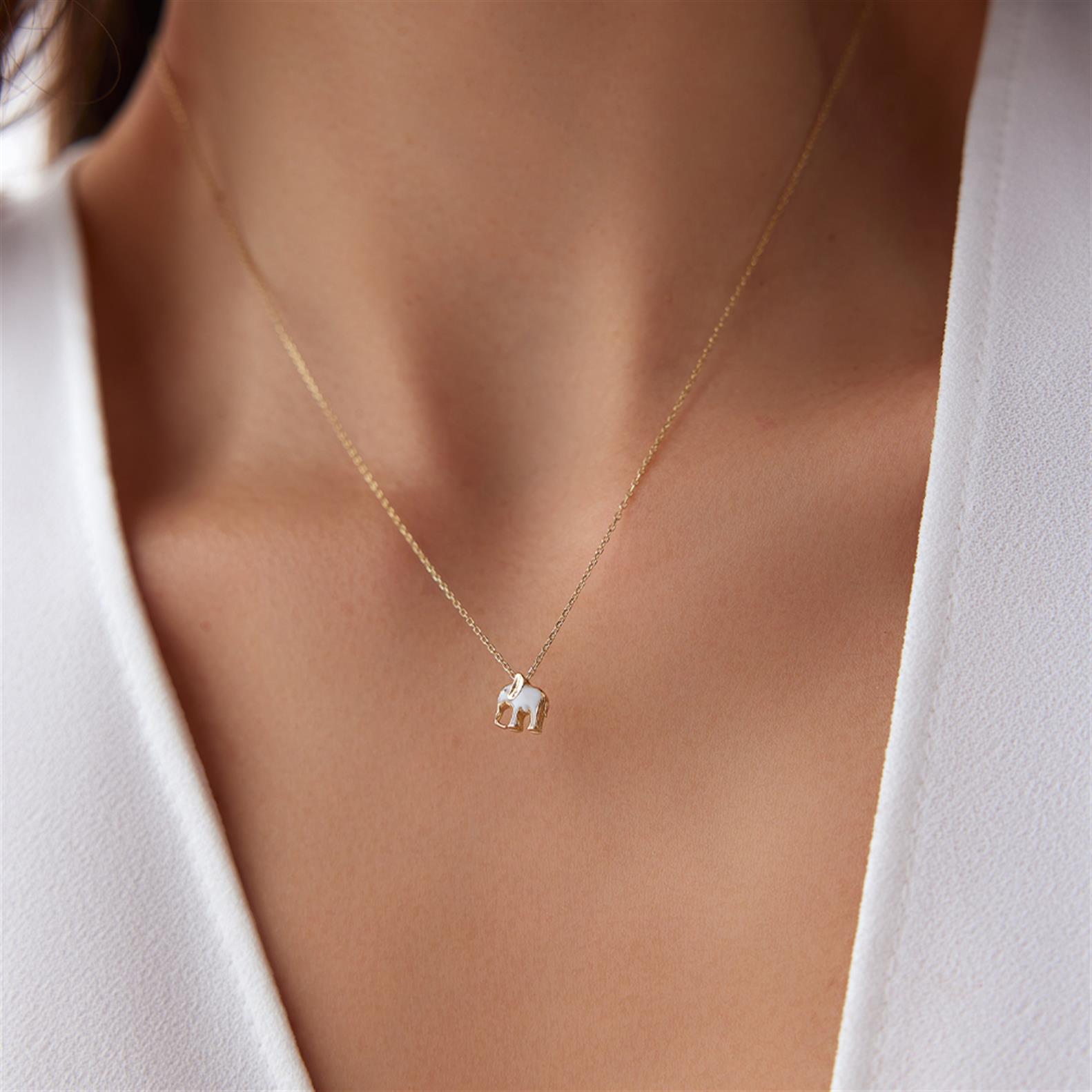 Beyaz Mineli Minimal Fil Kolye Küçük Boy - Image 2