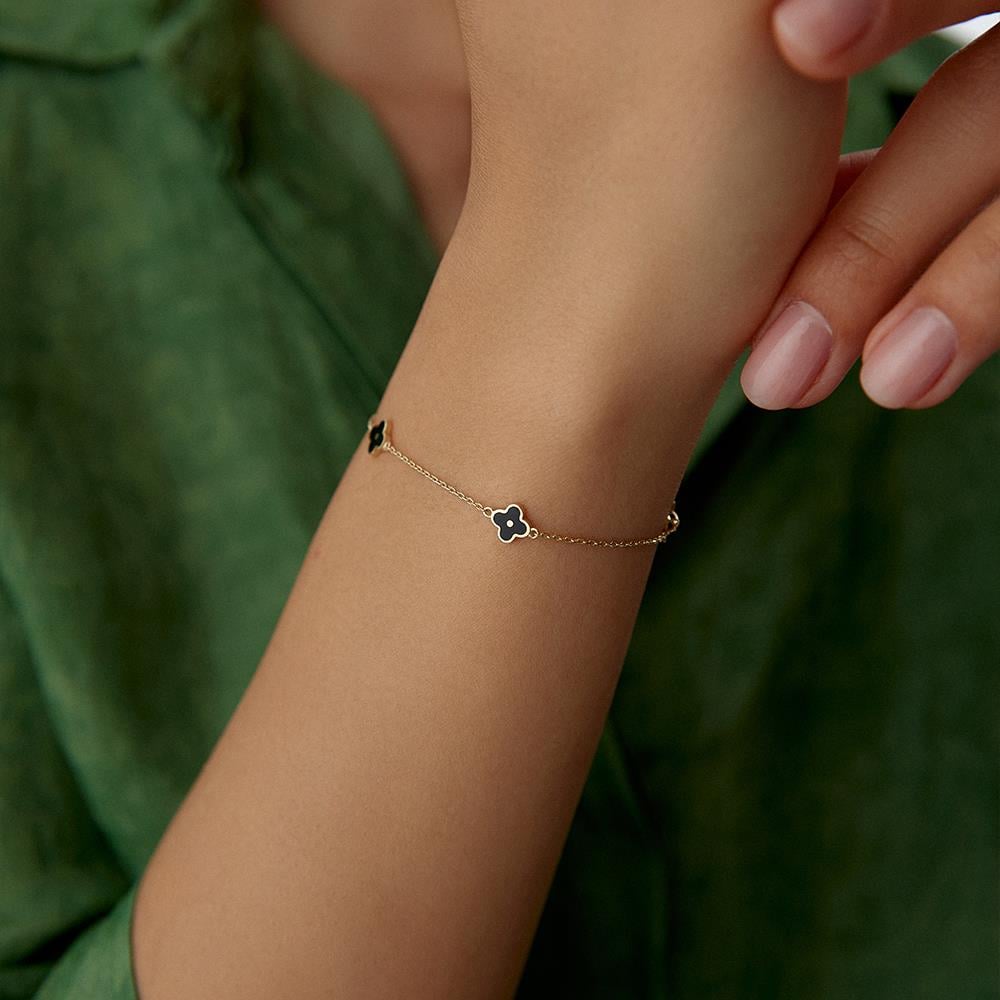 Beyaz Ve Siyah Mineli Yonca Altın Bileklik - Image 2