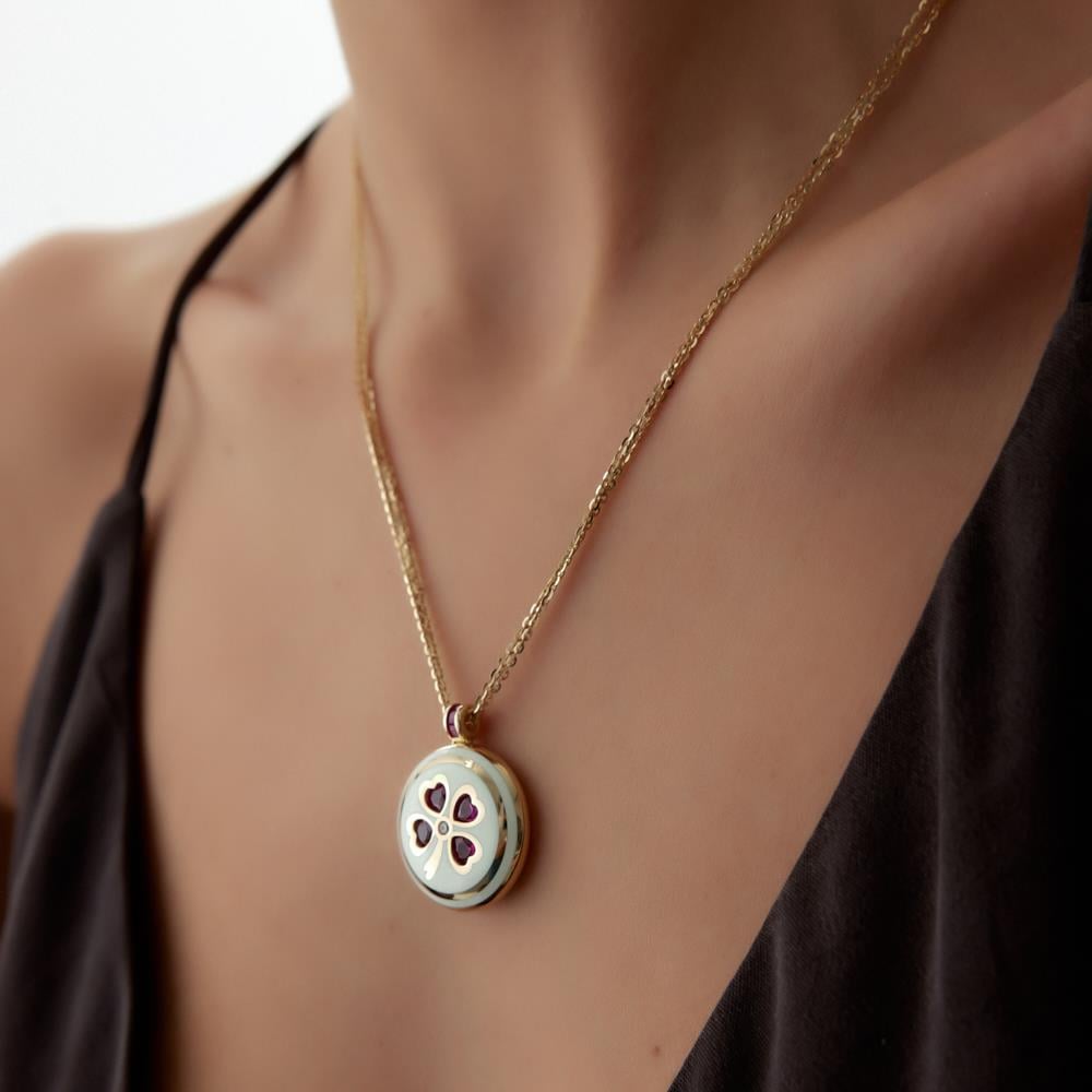 Cetaş Beyaz Mineli Ruby Kalp Yonca Altın Kolye - Image 2