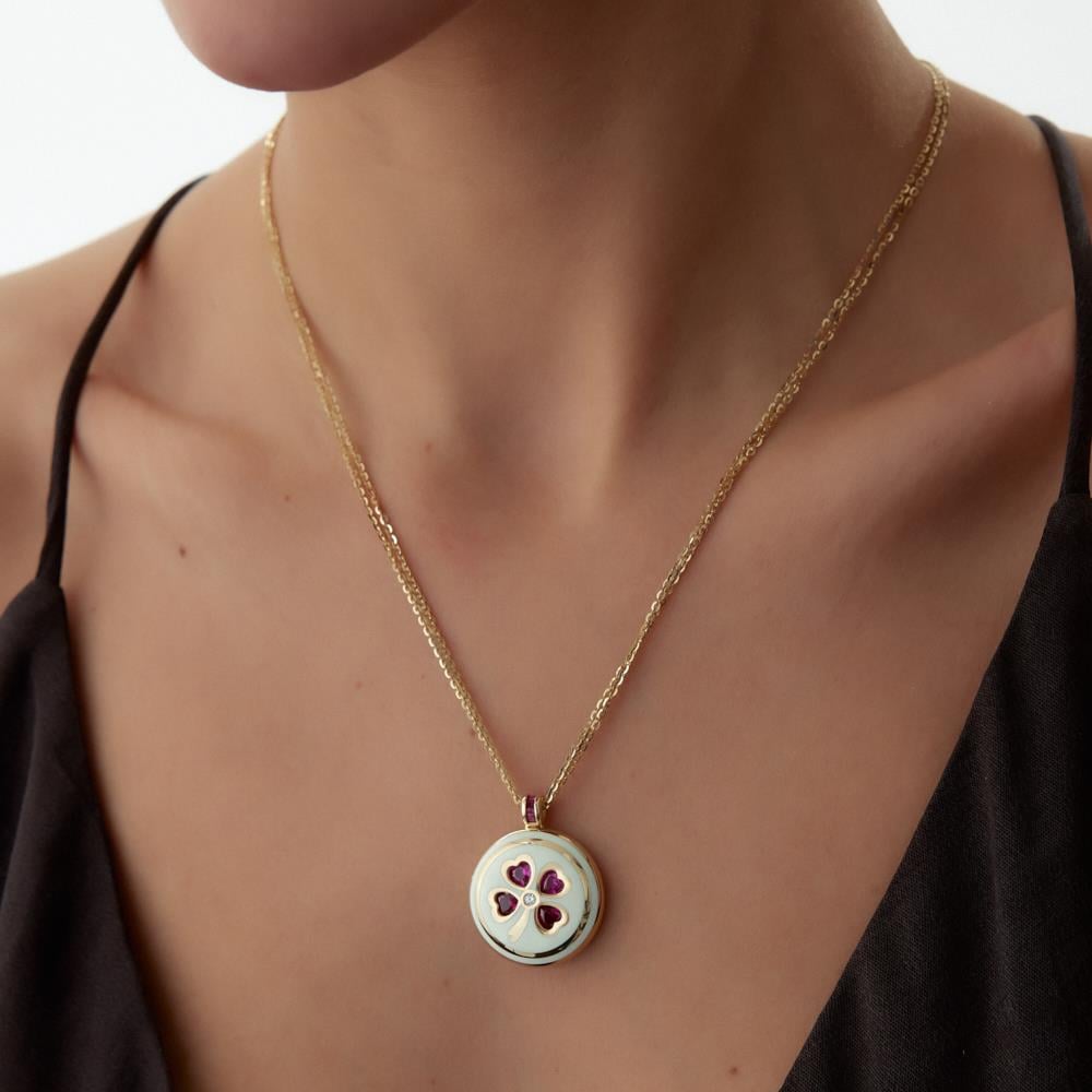 Cetaş Beyaz Mineli Ruby Kalp Yonca Altın Kolye - Image 2