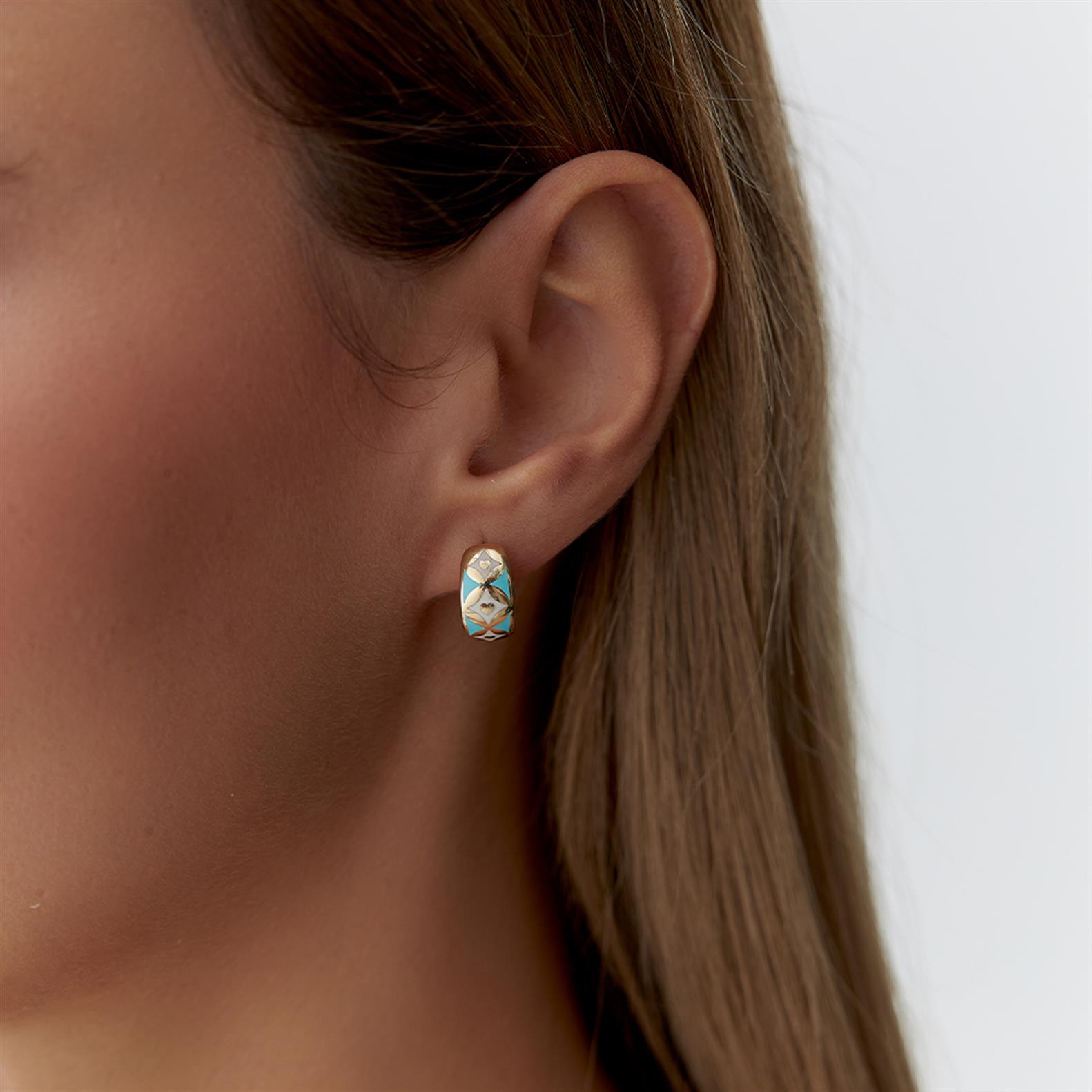 Cetaş Eterna Beyaz Mavi Mineli Kalp Karo Figürlü Altın Küpe - Image 1