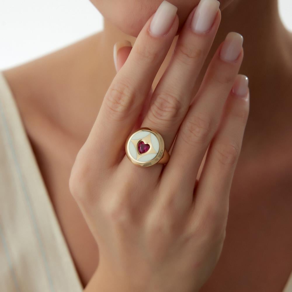 Cetaş Eterna Beyaz Mineli  Kalp Ruby Altın Yüzük - Image 2