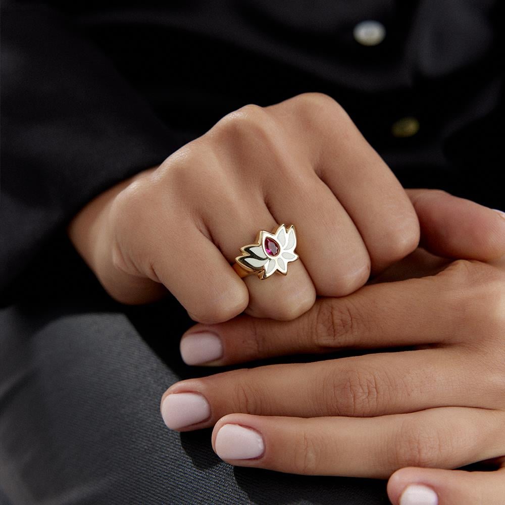 Cetaş Eterna Beyaz Mineli Lotus Altın Yüzük - Image 3