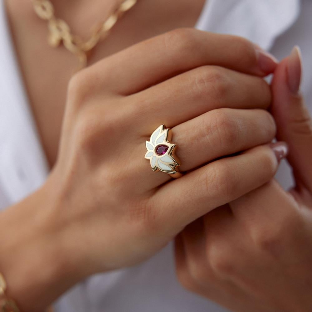 Cetaş Eterna Beyaz Mineli Lotus Altın Yüzük - Image 2