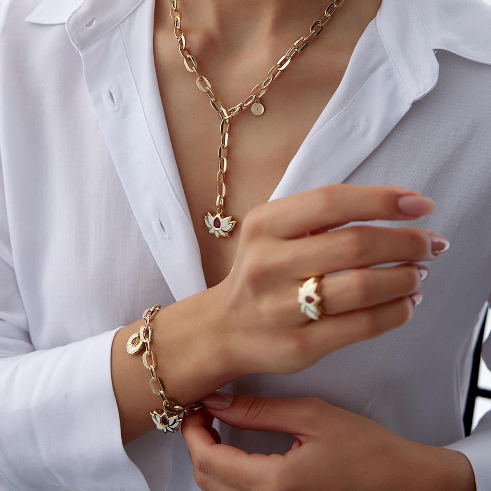 Cetaş Eterna Beyaz Mineli Lotus Altın Yüzük - Image 3