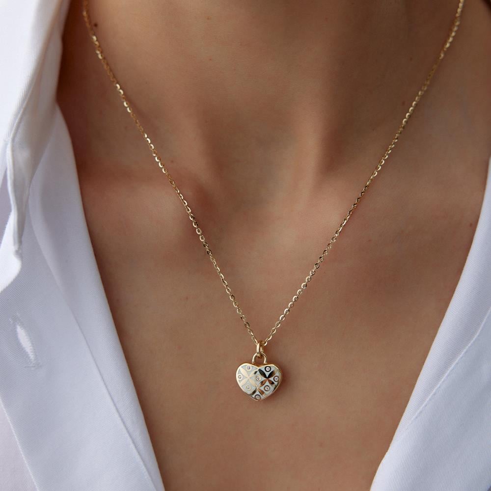 Cetaş Eterna Beyaz Ve Mavi Mineli Çift Taraflı Kalp Charm Altın Kolye - Image 2