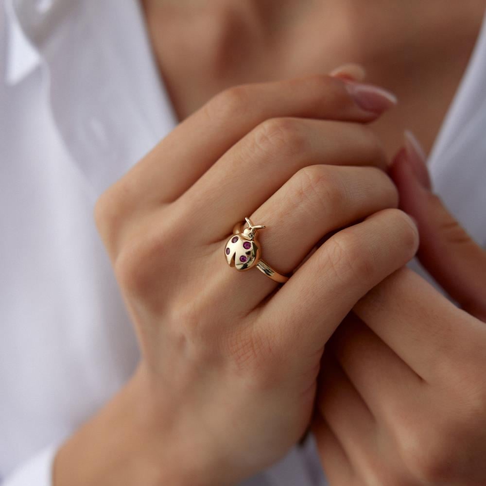 Cetaş Eterna Kırmızı Taşlı Uğur Böceği Altın Yüzük - Image 2