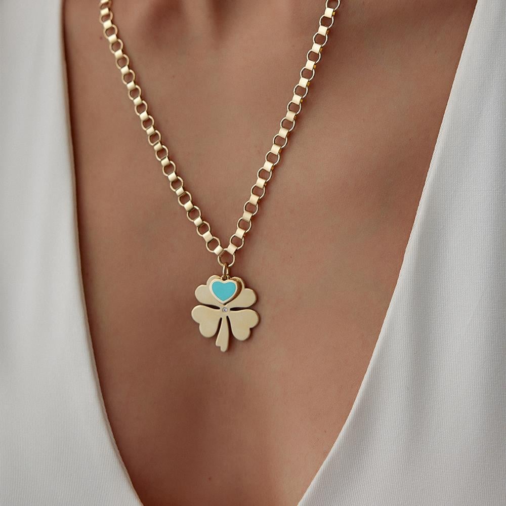 Cetaş Eterna Mavi Mineli Kalp Charm Yonca Altın Kolye - Image 2