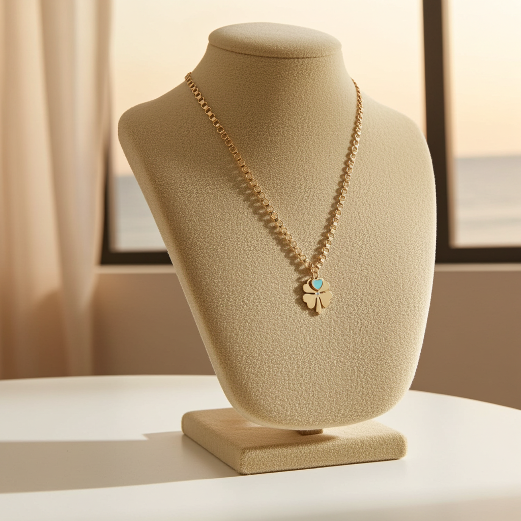 Cetaş Eterna Mavi Mineli Kalp Charm Yonca Altın Kolye - Image 5