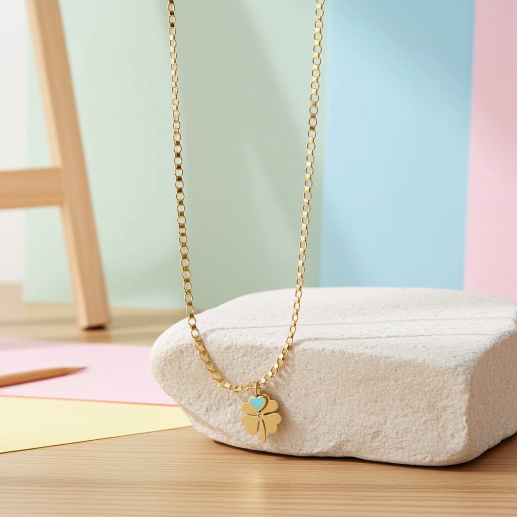 Cetaş Eterna Mavi Mineli Kalp Charm Yonca Altın Kolye - Image 4