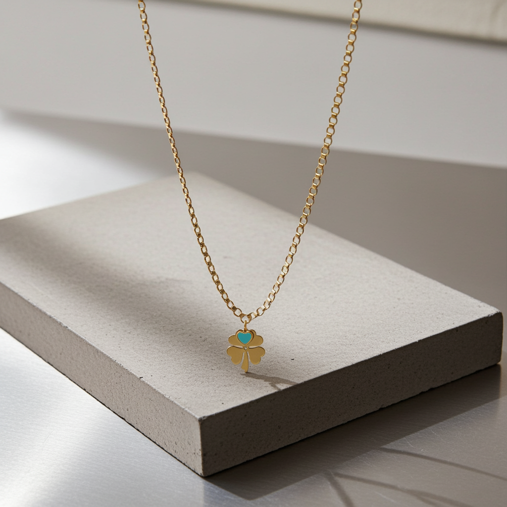 Cetaş Eterna Mavi Mineli Kalp Charm Yonca Altın Kolye - Image 3