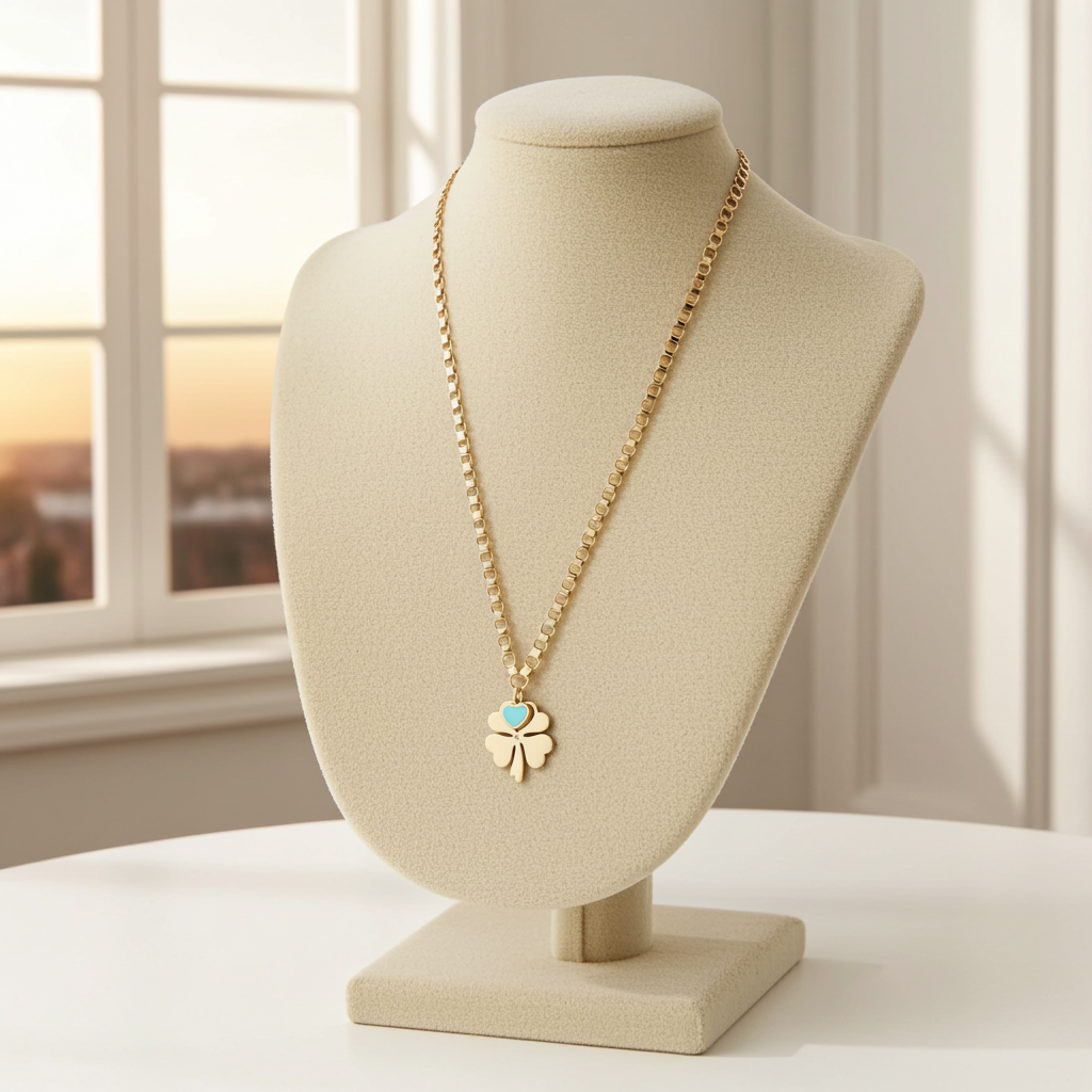 Cetaş Eterna Mavi Mineli Kalp Charm Yonca Altın Kolye - Image 6