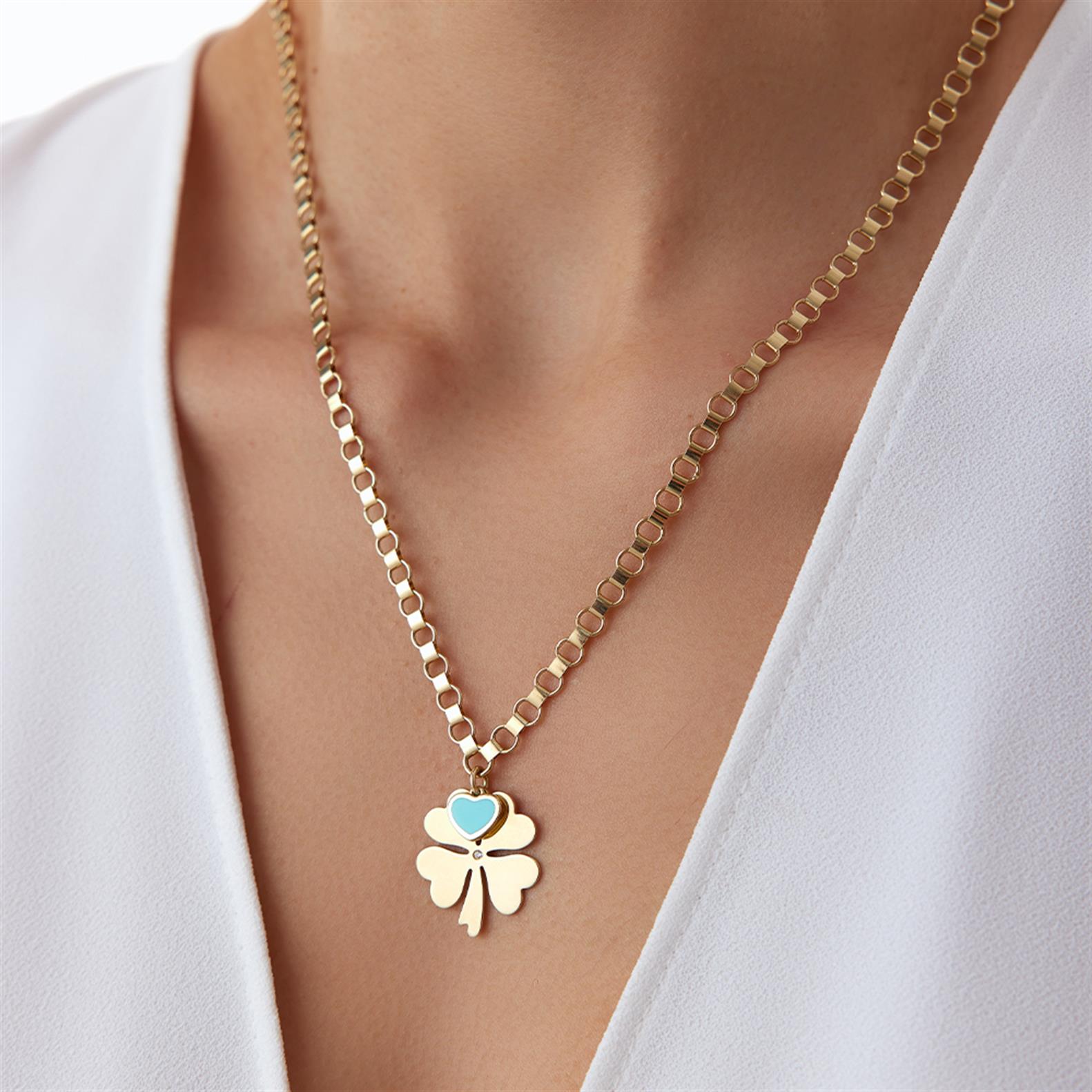 Cetaş Mavi Mineli Kalp Figürlü İtalyan Zincir Altın Yonca Kolye - Image 1