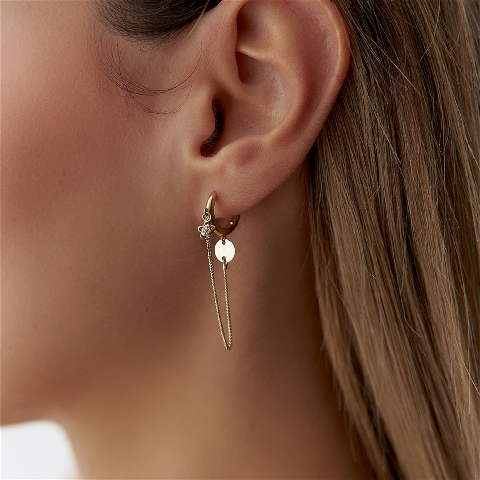 Çiçek Motifli Zincir Sallantılı Halka Küpe - Image 1