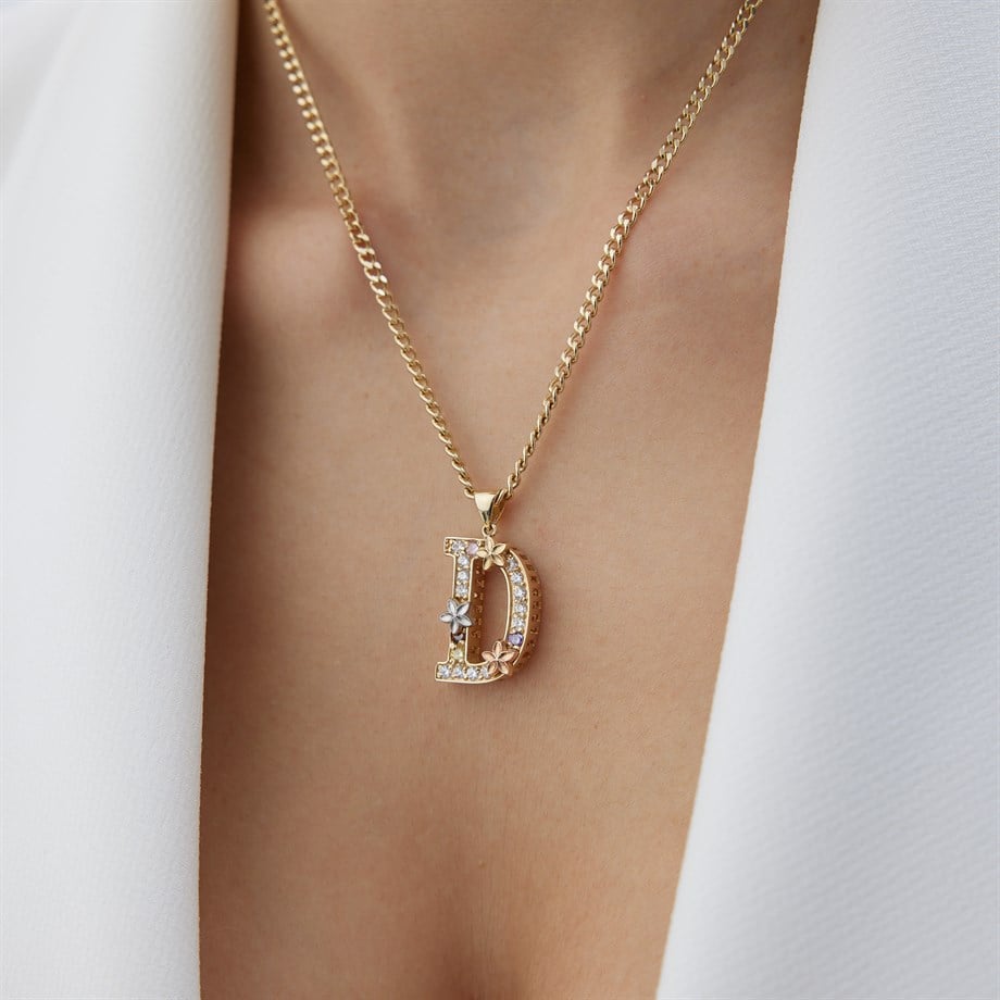 Çiçekli Renkli Taşlı Harf Kolye - Image 1