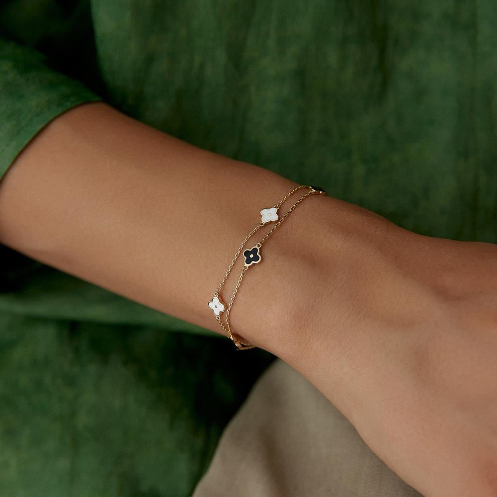 Çift Sıra Beyaz Ve Siyah Mineli Yonca Altın Bileklik - Image 2