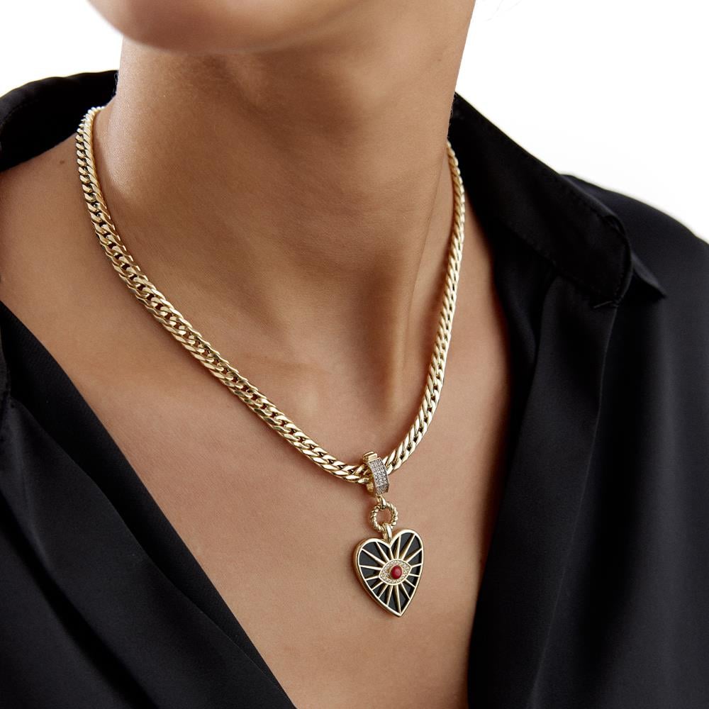 Ema Siyah Mineli Kırmızı Taşlı Tasarım Kalp Altın Kolye Ucu - Image 2