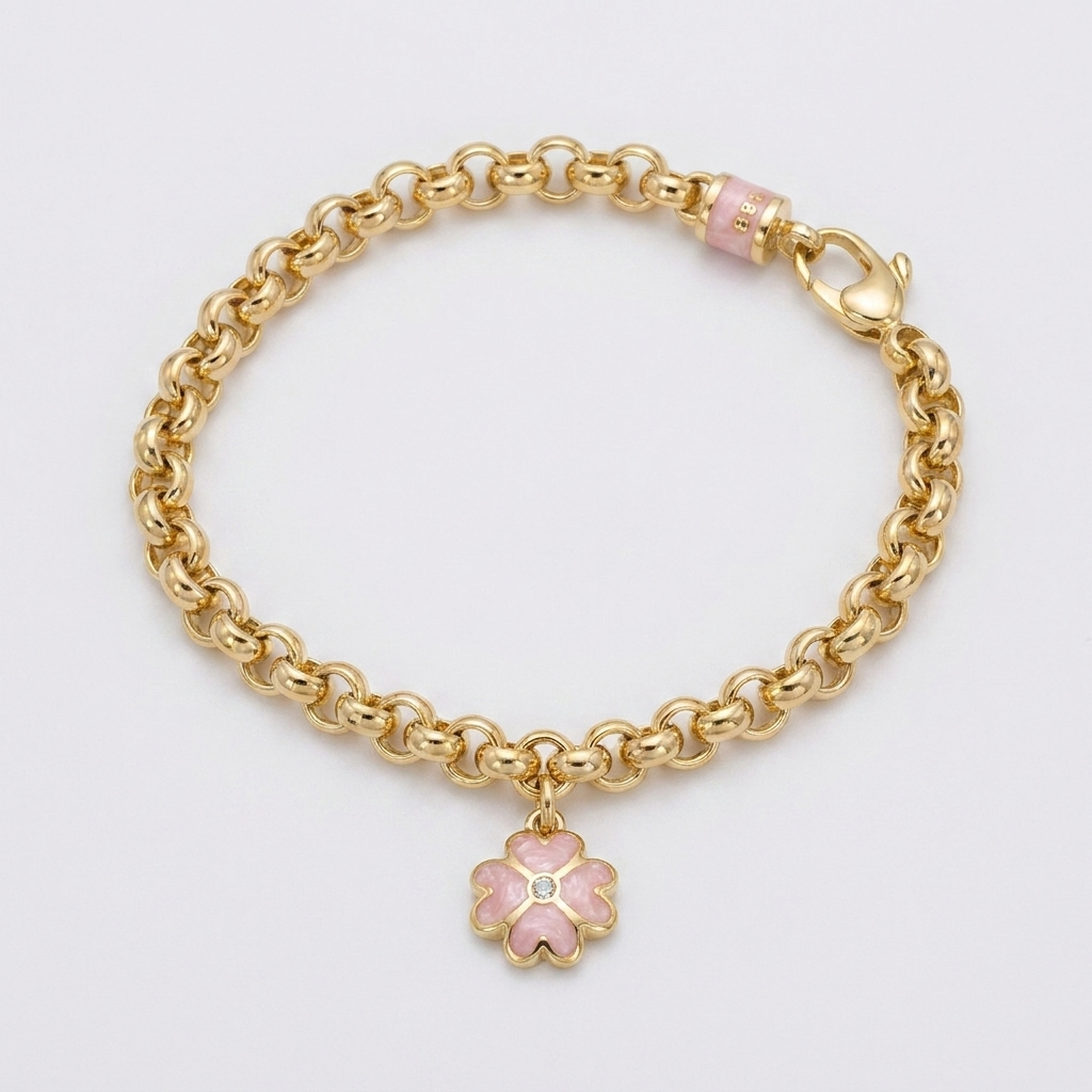 Cetaş Pembe Sedef Yonca Charm Altın Bileklik