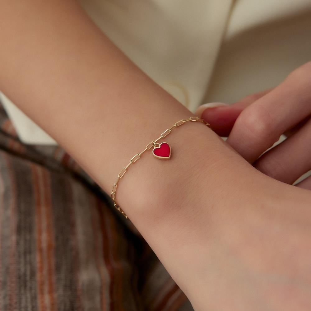 Kırmızı Mineli Kalp Altın Ataç Bileklik - Image 2