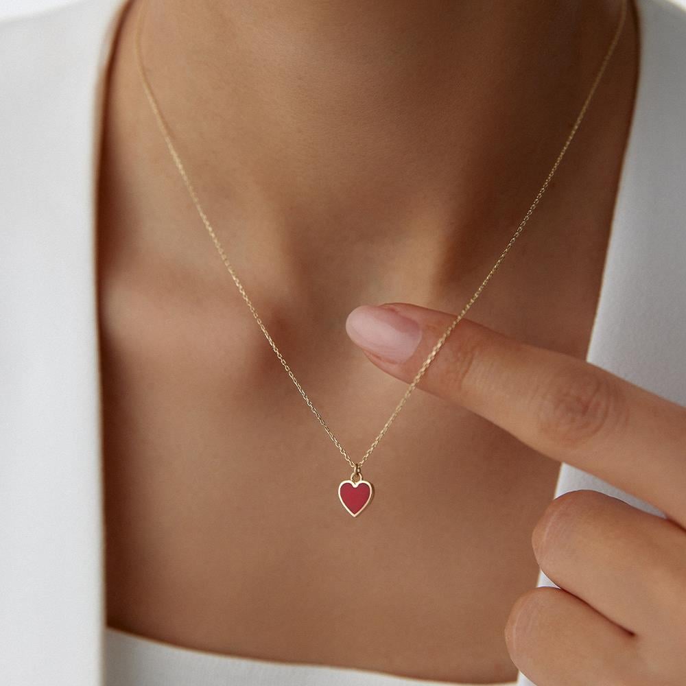 Kırmızı Mineli Minimal Kalp Altın Kolye - Image 2