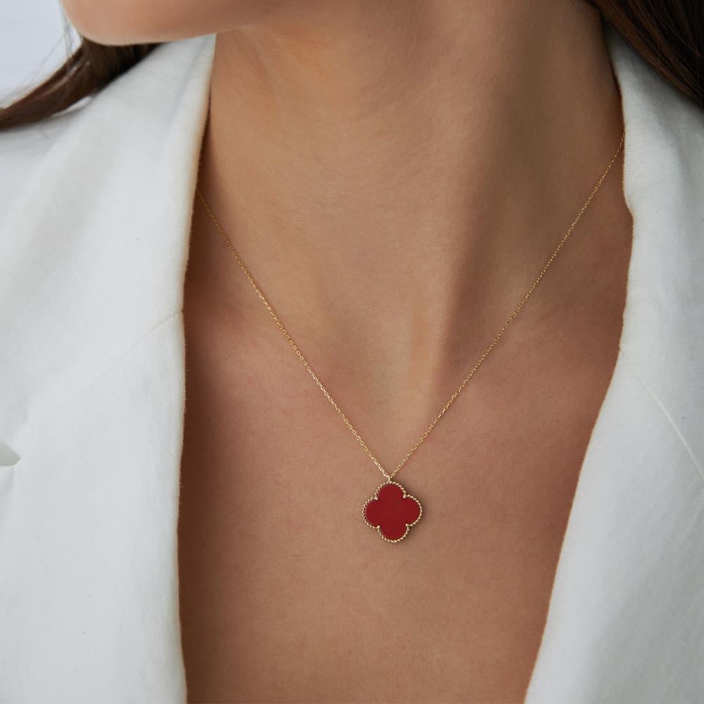 Kırmızı Mineli Yonca Tasarım Altın Kolye - Image 2