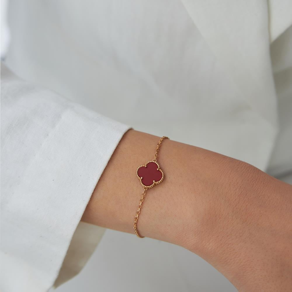Kırmızı Mineli  Yonca Rose Altın Bileklik