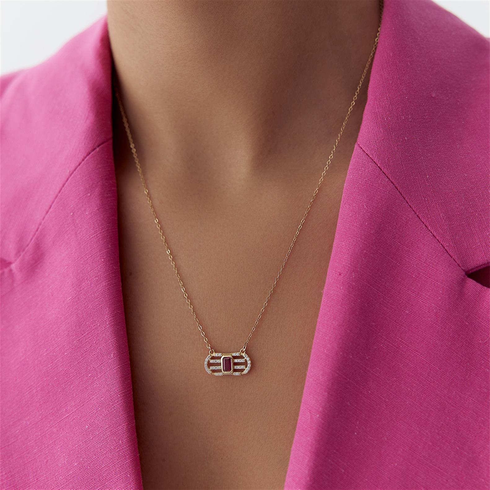 Kırmızı Taşlı Minimal Flana Altın Kolye - Image 1