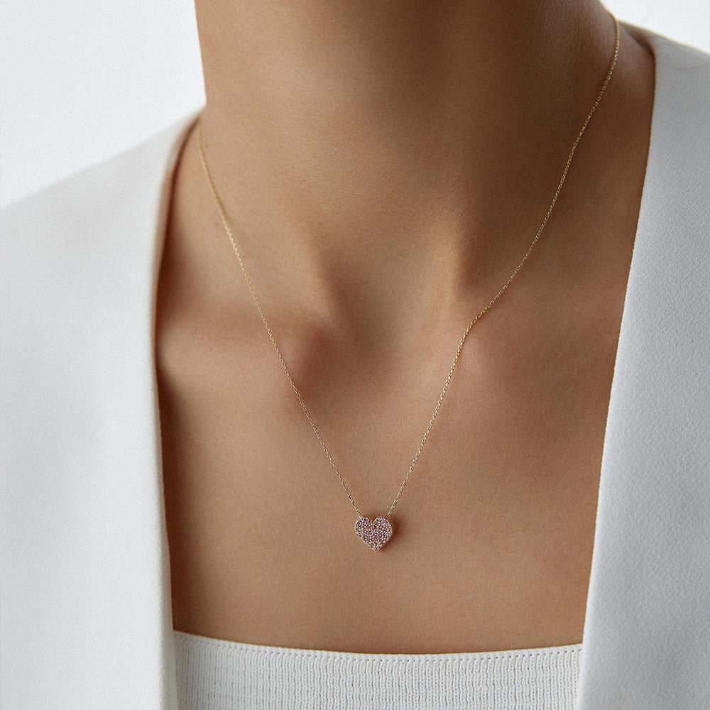 Kırmızı Taşlı Minimal Kalp Altın Kolye - Image 2