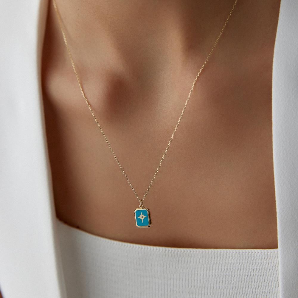 Kuzey Yıldızı Figürlü Mavi Mineli Altın Kolye - Image 2