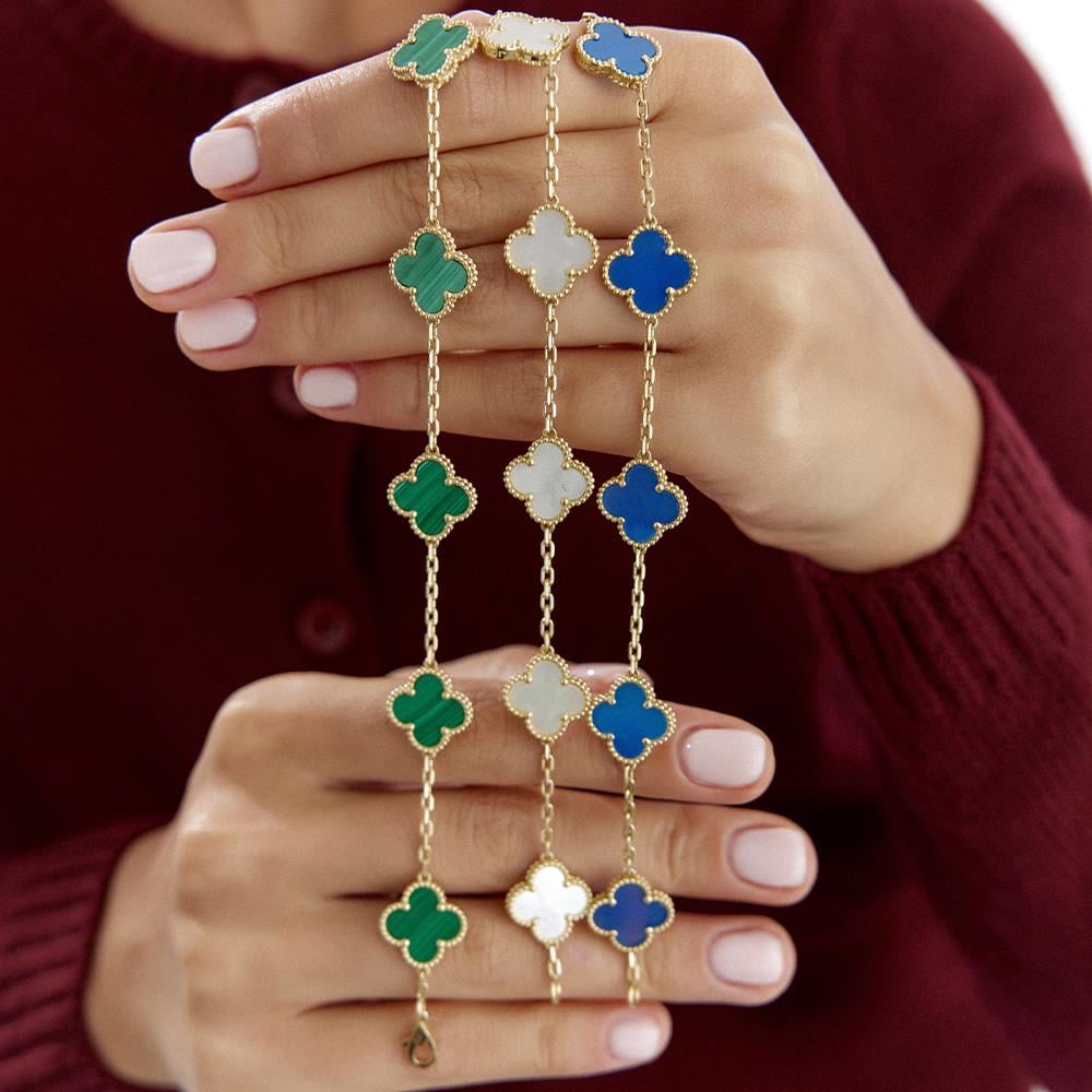 Malahit Onyx Sedef Akik Taşlı Beşli Yonca Altın Bileklik - Image 3