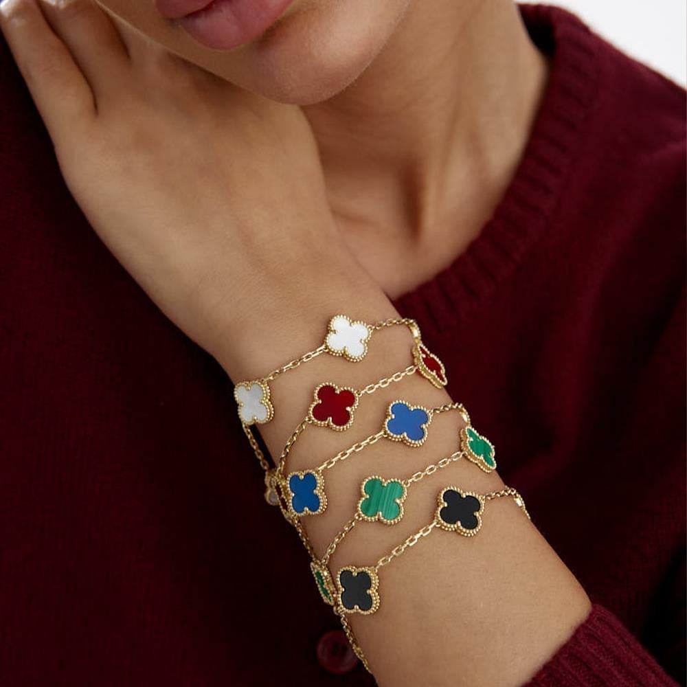 Malahit Onyx Sedef Akik Taşlı Beşli Yonca Altın Bileklik - Image 3