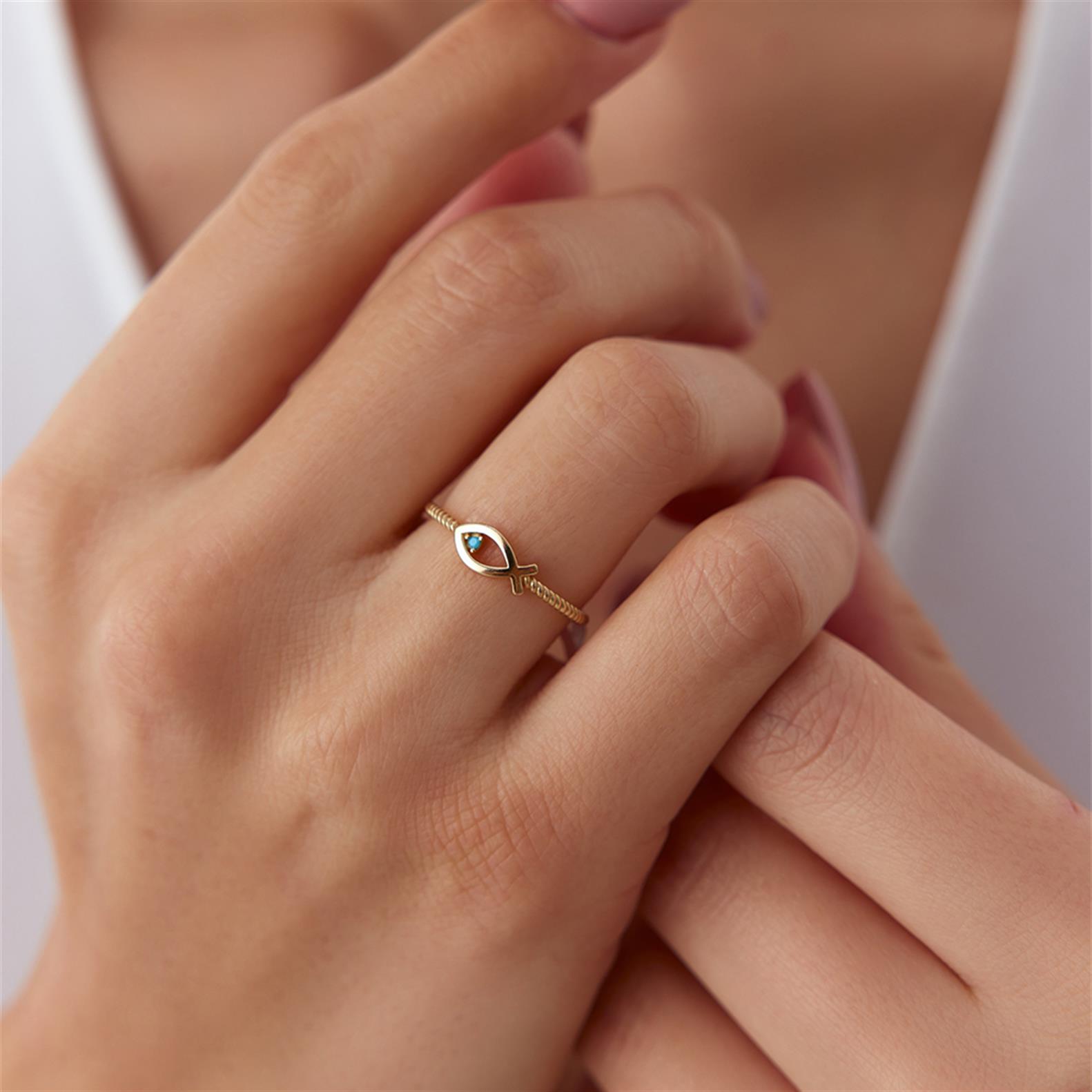 Mavi Firuze Gözlü Minimal Balık Yüzük - Image 1