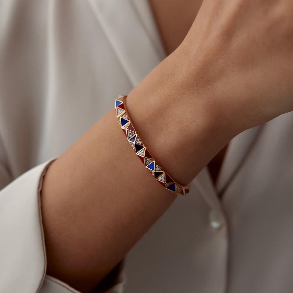 Mavi Kırmızı Mineli Piramit Tasarım Pırlanta Kelepçe Bileklik - Image 1