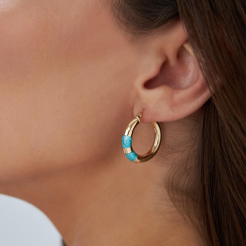 Mavi Mineli Altın Halka Küpe - Image 1