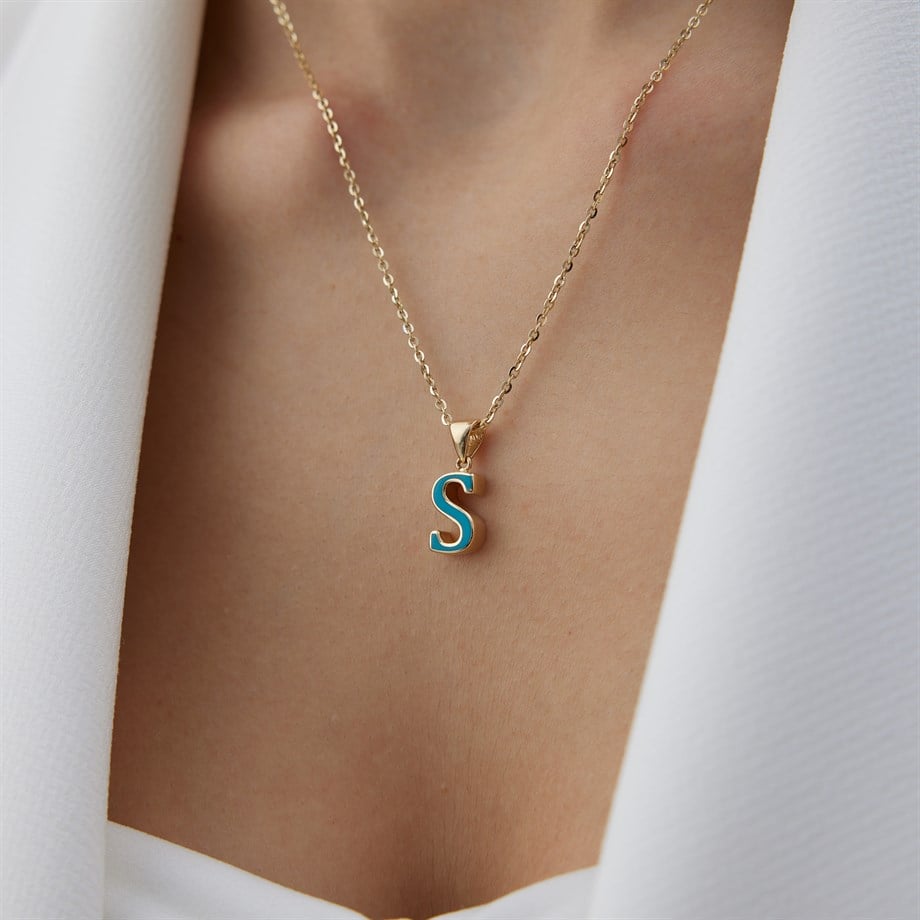 Mavi Mineli Harf Kolye - Image 1