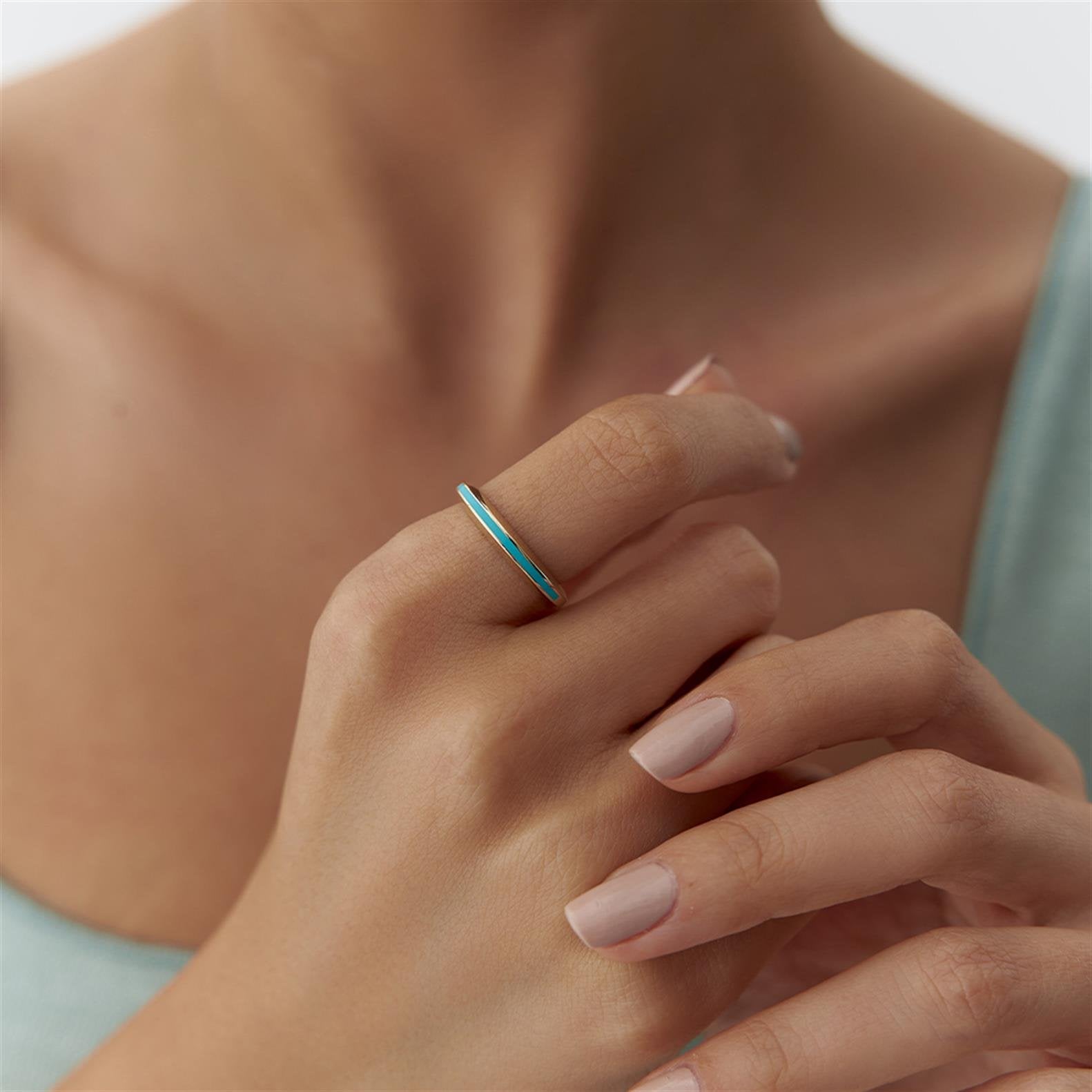 Mavi Mineli Minimal Çizgi Yüzük - Image 1