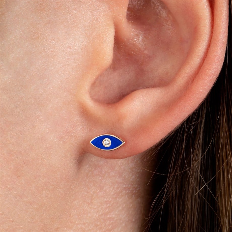 Mavi Mineli Minimal Göz Küpe - Image 2