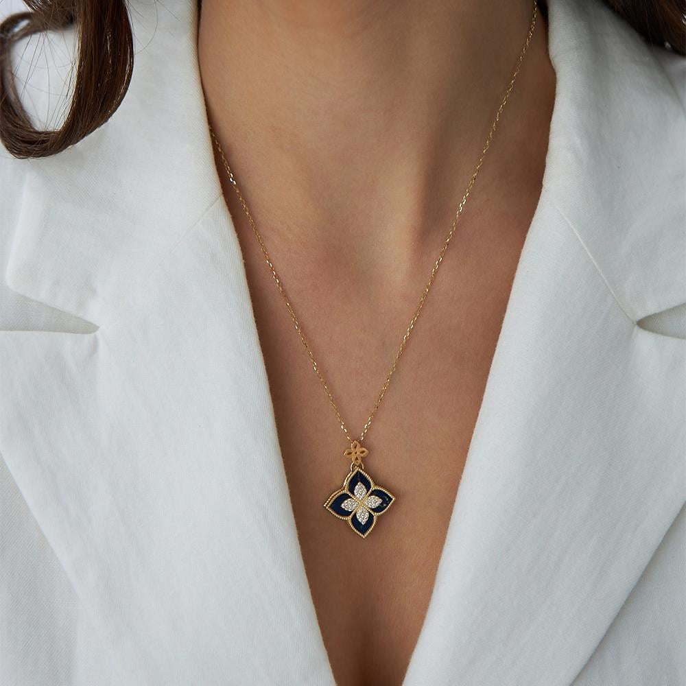 Mavi Mineli Yonca Model Altın Kolye - Image 1