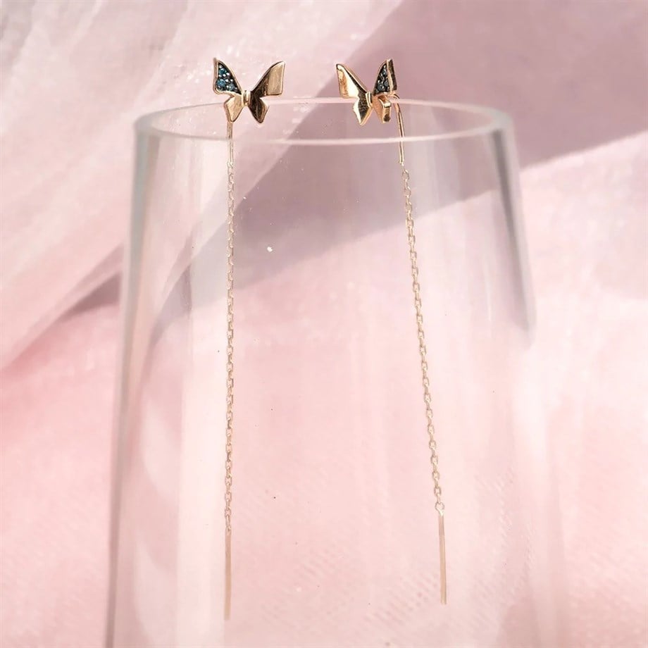 Mavi Pırlanta Kelebek Küpe - Image 2