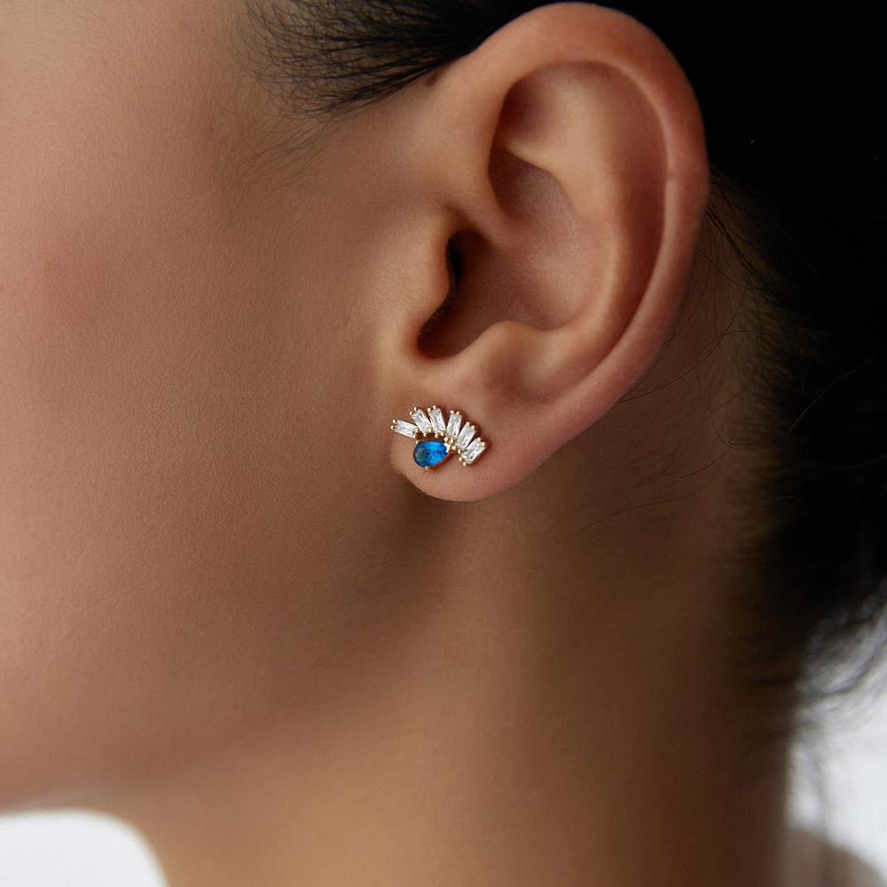 Mavi Taşlı Göz Altın Küpe - Image 2