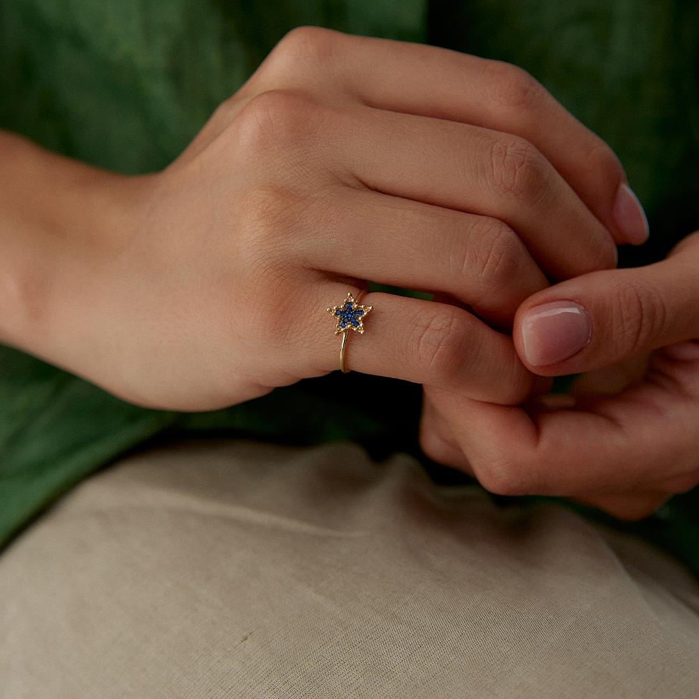 Mavi Taşlı Minimal Yıldız Altın Yüzük - Image 2