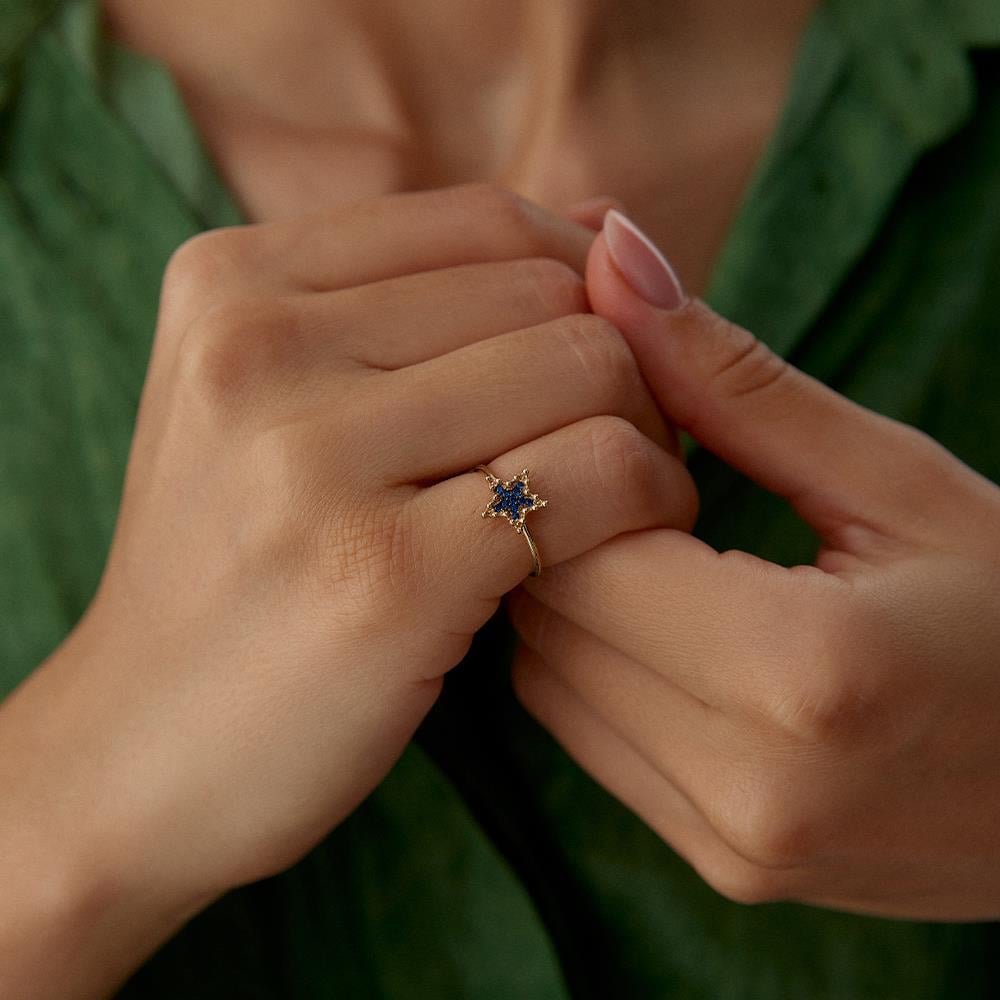 Mavi Taşlı Minimal Yıldız Altın Yüzük - Image 2