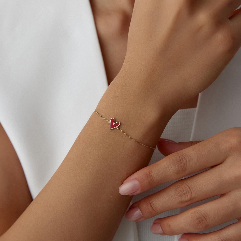 Minimal Kırmızı Mineli Kalp Altın Bileklik - Image 2