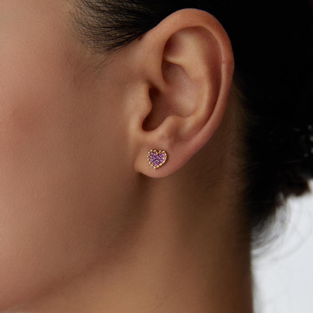 Minimal Kırmızı Taşlı Kalp Altın Küpe - Image 2