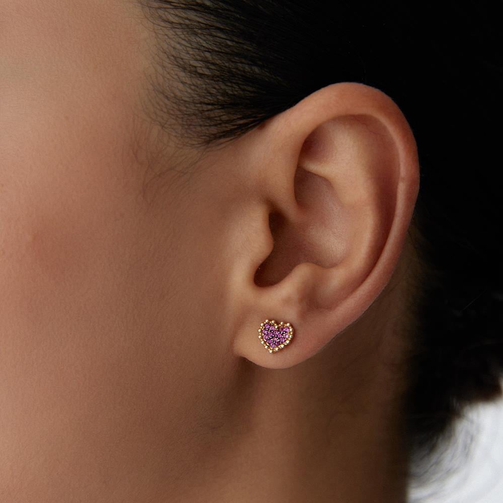 Minimal Kırmızı Taşlı Kalp Altın Küpe - Image 2