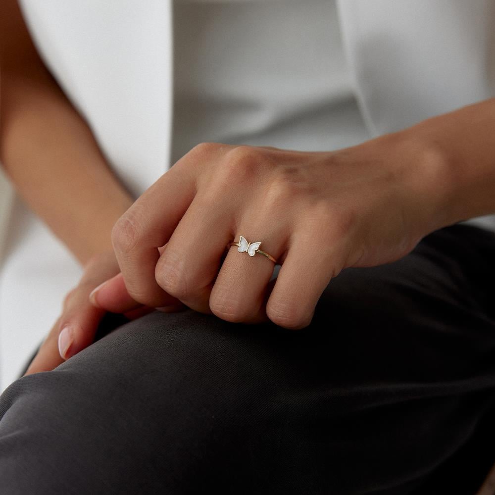 Minimal Sedefli Kelebek Figür Altın Yüzük - Image 3